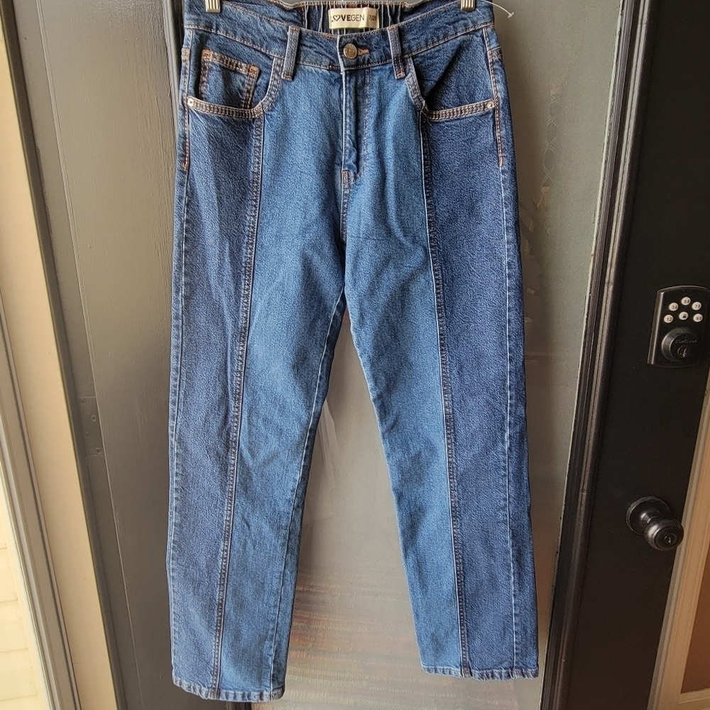 LOVEGEN BLUE JEANS SIZE 7/29 Straight 9.5" High Rise Pockets / Zip Closure